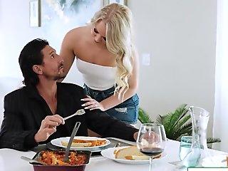 Blonde Sucks Stepdads Cock Under A Table As Stepmom Is There