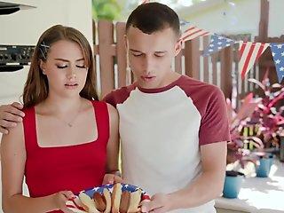 NeedyMoms-When stepbrother Johnny arrives at the party, he starts grilling some hotdogs, and sneakily gives some to Selena who starts sucking on his wiener as a way to say thank you